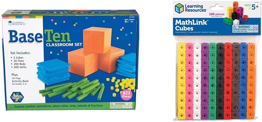 Learning Resources Brights Base Ten – Juego de aula para 20 a 25 estudiantes, 823 piezas, a partir de 6 años y cubos MathLink, juego de 100 cubos, a