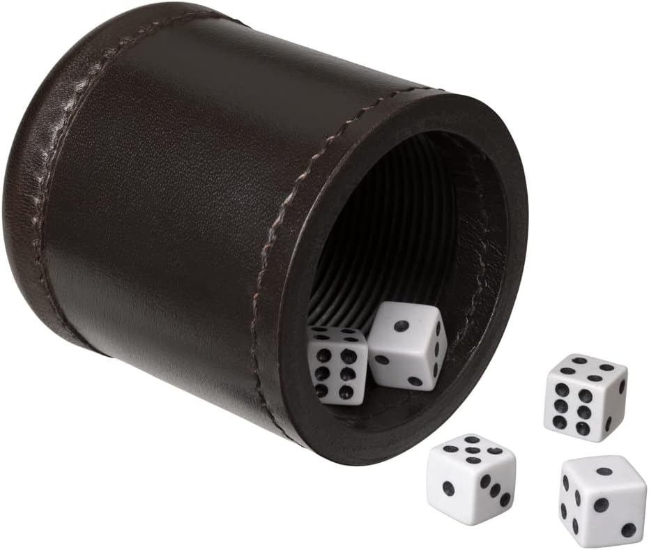 WE Games Juego de tazas profesionales hechas a mano de cuero marrón oscuro, 5 dados y bolsa de transporte de tela