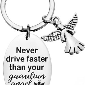 Llaveros de regalo para el nuevo conductor para adolescentes, niños y niñas, nunca conduce más rápido que tu ángel de la guarda puede volar, llavero Llaveros de regalo para el nuevo conductor para adolescentes, niños y niñas, nunca conduce más rápido que tu ángel de la guarda puede volar, llavero