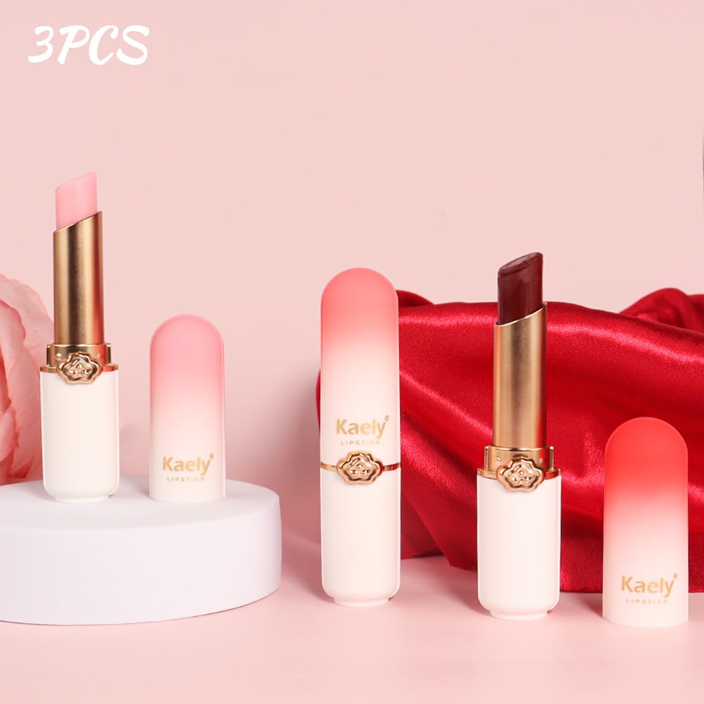 BINGBRUSH Juego de 3 lápices labiales de color melocotón y fresa, cerezas rojas que cambian de color, tamaño Queen, cuidado de labios hidratante de