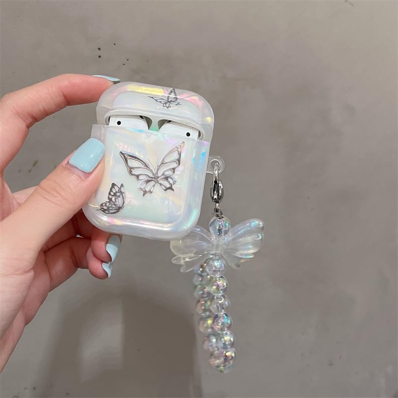 Funda transparente para AirPods Pro de 2 generación 2022, bonito diseño de mariposa negra brillante con llavero colgante, funda protectora de TPU