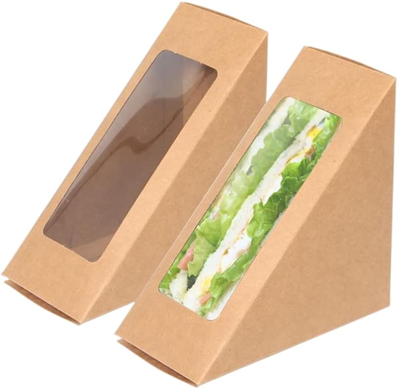 50 cajas de papel sándwich, cajas de sándwich de papel kraft con ventana, caja de cuña, recipiente individual para sushi para panadería, pastel de