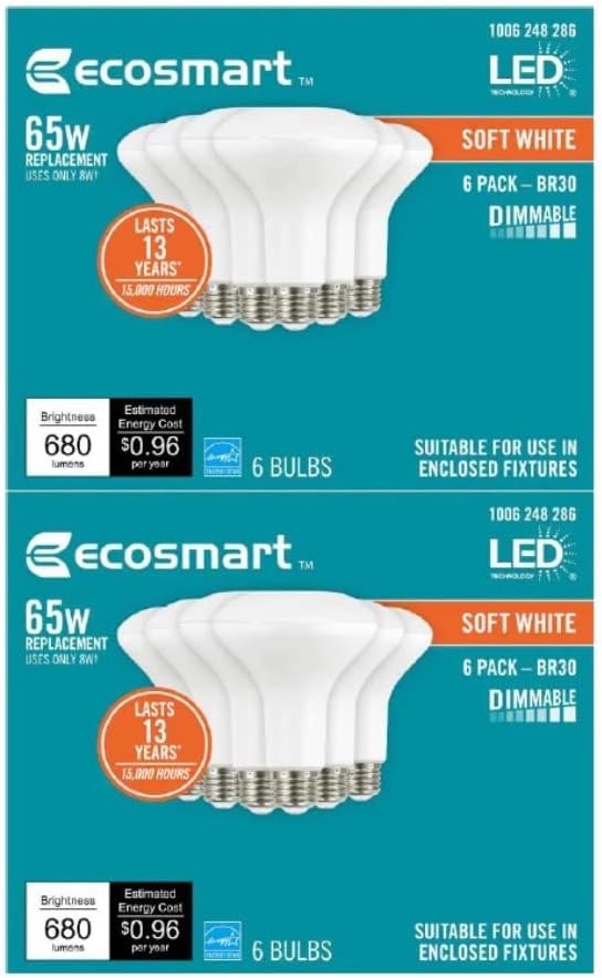 EcoSmart – Bombilla LED Energy Star de 65 vatios equivalente a BR30 regulable, color blanco suave (paquete de 12)