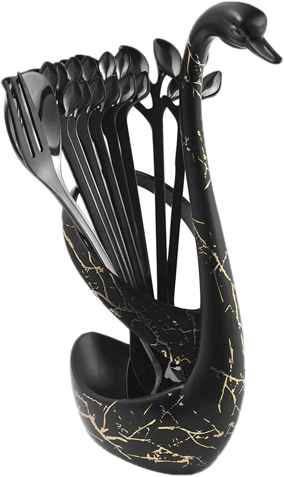 AnSaw Soporte de base de cisne negro con 20 cucharas de café y tenedores de postre con mango de hoja pequeña de 4.7 pulgadas (negro, 10+10)