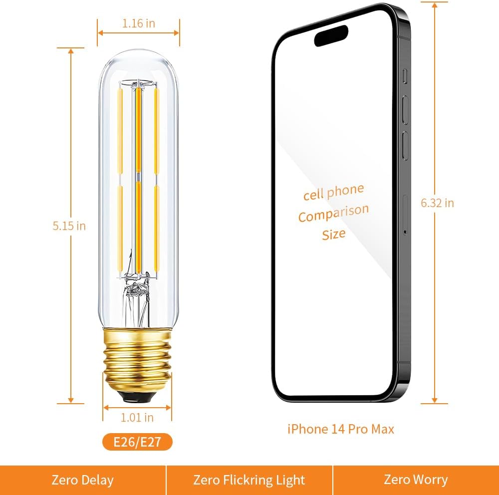 Bombillas LED T10 de color blanco cálido 3000 K, de vidrio transparente, bombilla Edison tubular, regulable, E26, 6 W, igual a 60 W, bombillas