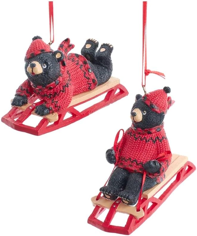 The Bridge Collection Adornos de oso negro para trineo, juego de 2, divertidos adornos de oso negro de invierno para decoración navideña, adornos de
