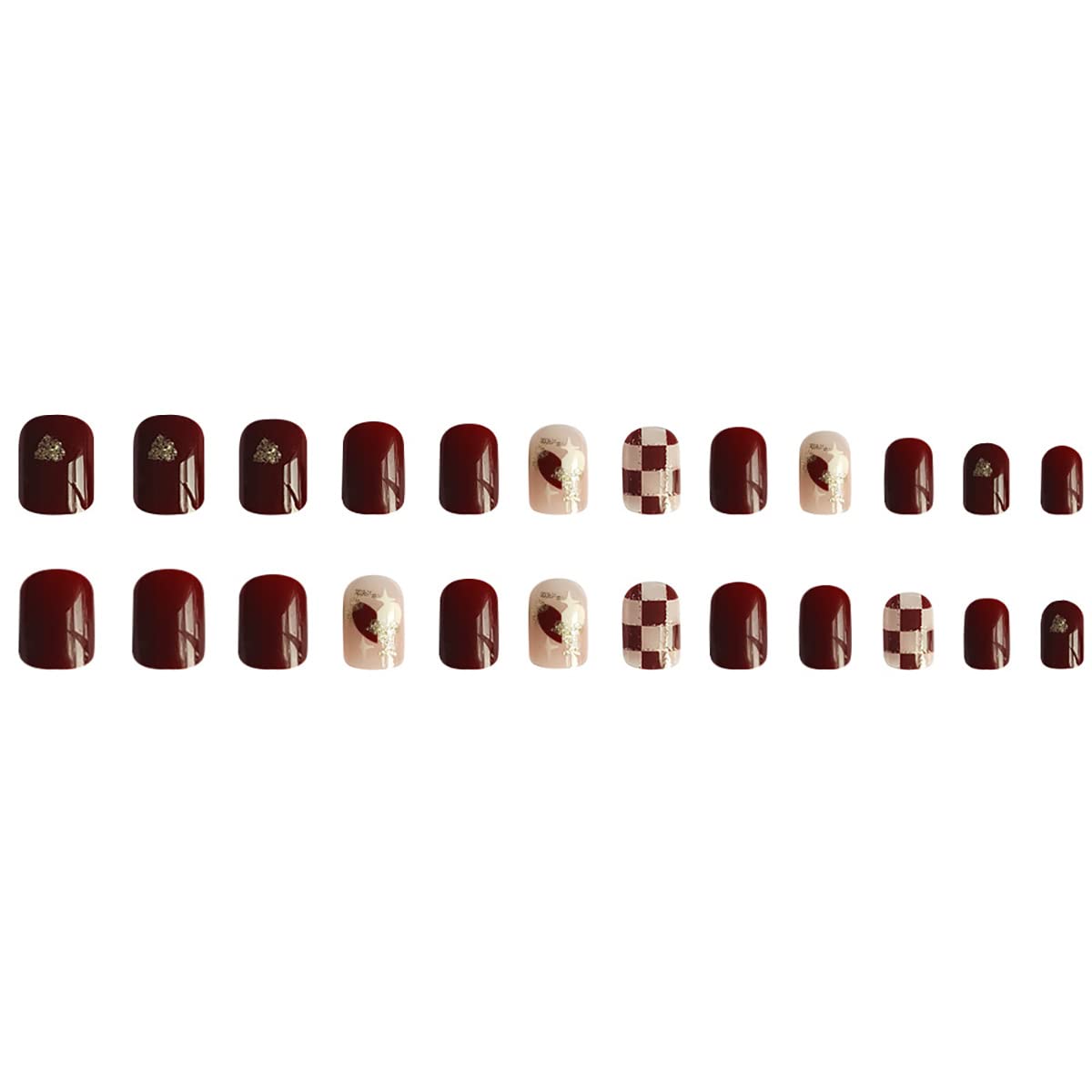 24 uñas postizas a presión con forma de corazón, cuadradas, cortas, rojas, ataúd, diseño de tablero de ajedrez rojo, purpurina, cobertura completa,