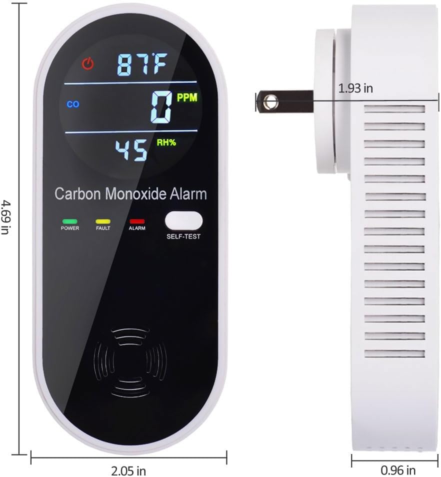 KH Alert Detectores de monóxido de carbono, detector de monóxido de carbono enchufable con sensor de temperatura y humedad integrado, alarma de