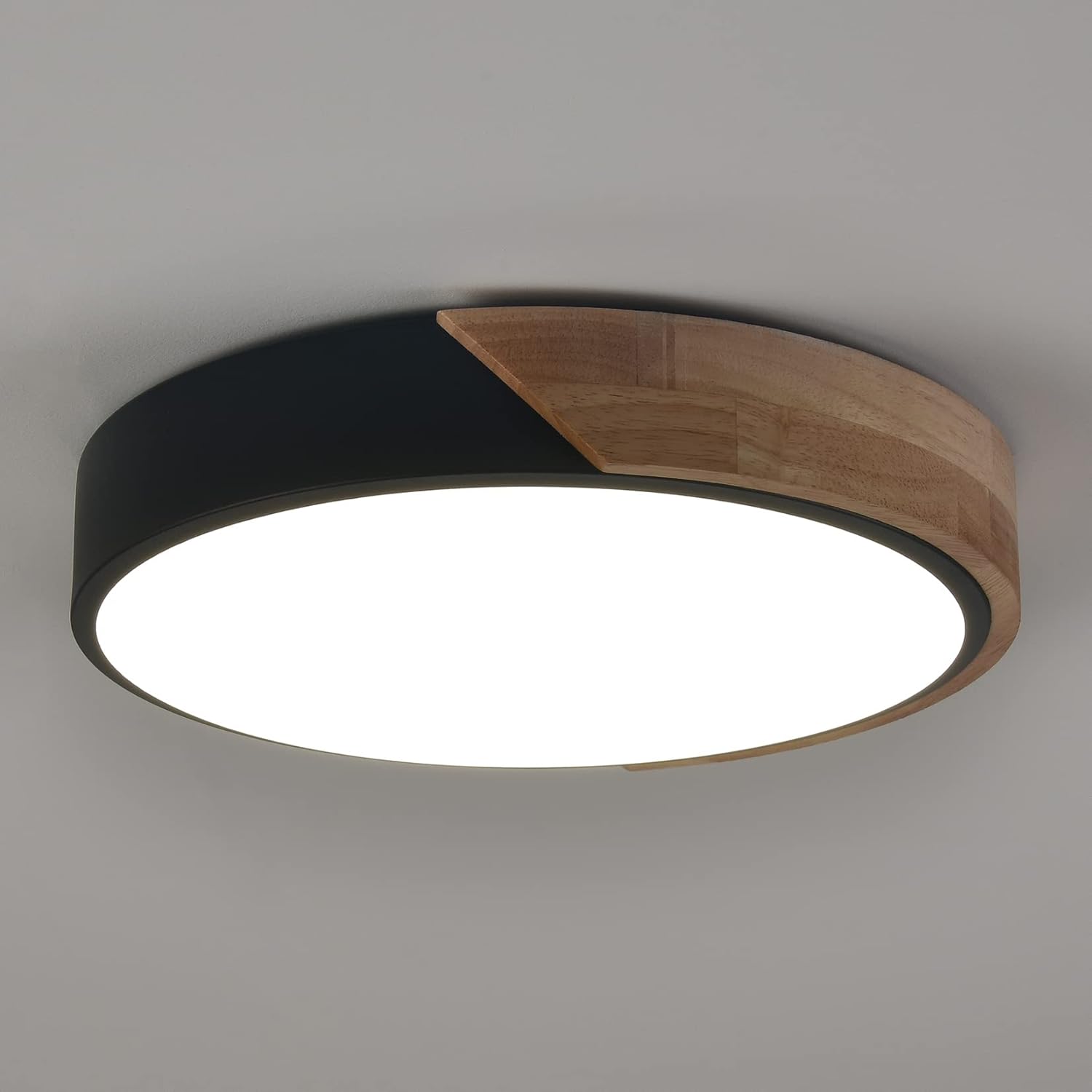 TEENYO Lámpara de techo LED moderna de montaje empotrado de 11.8 pulgadas, 4000 K, luz de techo redonda minimalista negra y de madera, lámpara de