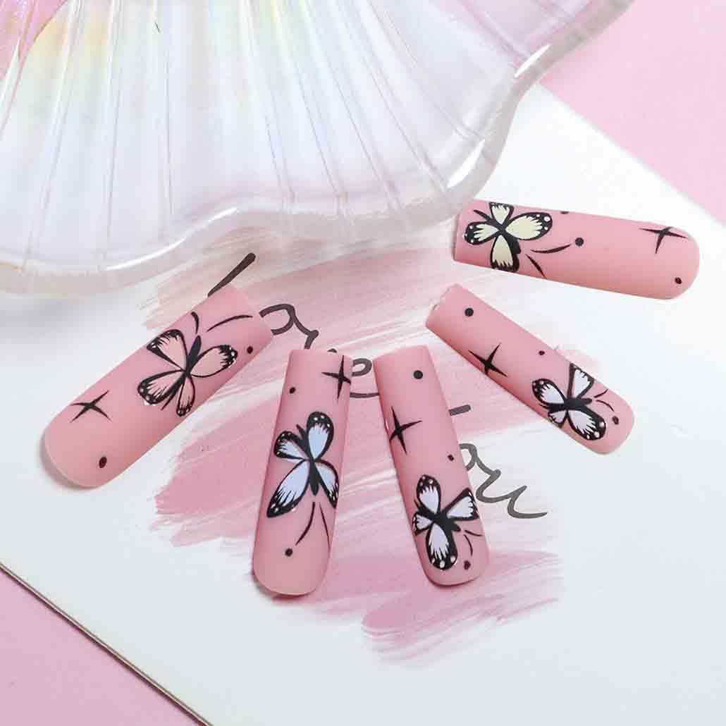 Foccna Uñas postizas largas a presión, color rosa, cuadradas, francesas, para verano, color morado, cobertura completa, con diamantes de imitación,