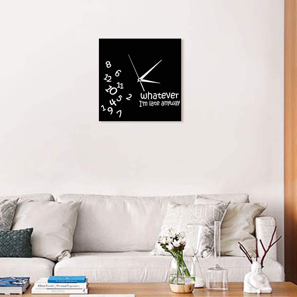 Whatever I’m Late Anyway – Reloj de pared cuadrado con números revueltos, divertido, moderno, silencioso, sin tictac, reloj de pared colgante para