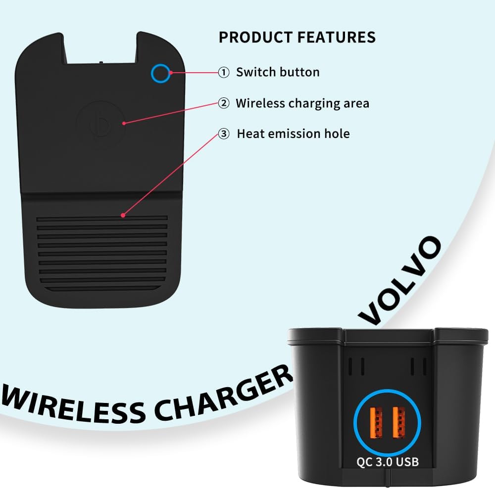 Actualizado 2024 Cargador de teléfono inalámbrico Volvo, compatible con Volvo XC90XC60S90S60V90V60, consola central, accesorios Volvo, alfombrilla