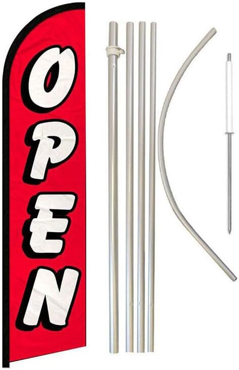 Premium Open (Red &) Windless Flag 16′ Flagpole Kit Ground