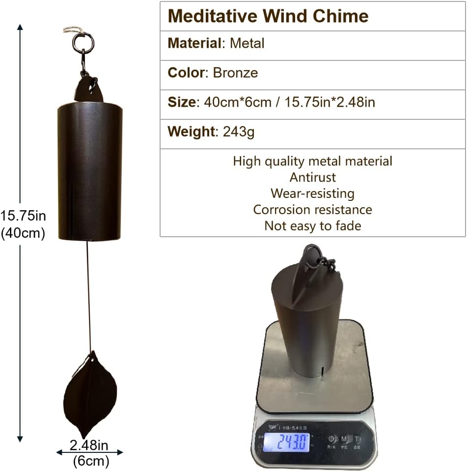 Rui07Da15Xin16 Campana de viento de serenidad de resonancia profunda, carillón de gong adecuado para meditación, tubo de cobre antiguo que se cuelga