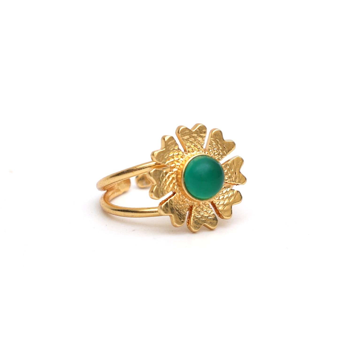 Gempires Green Onyx Ring, Hammered Flower Ring, Adjustable US Size 6 to US Size 9 Ring, Womens Jewelry, Hypoallergenic 14k Gold Plated, Lightweight,