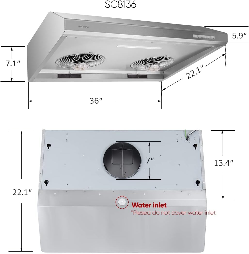 Pacific Trusteam Campana extractora, 30”36” debajo del gabinete, limpieza automática de vapor de alta temperatura, máximo 900CFM, luz LED, control