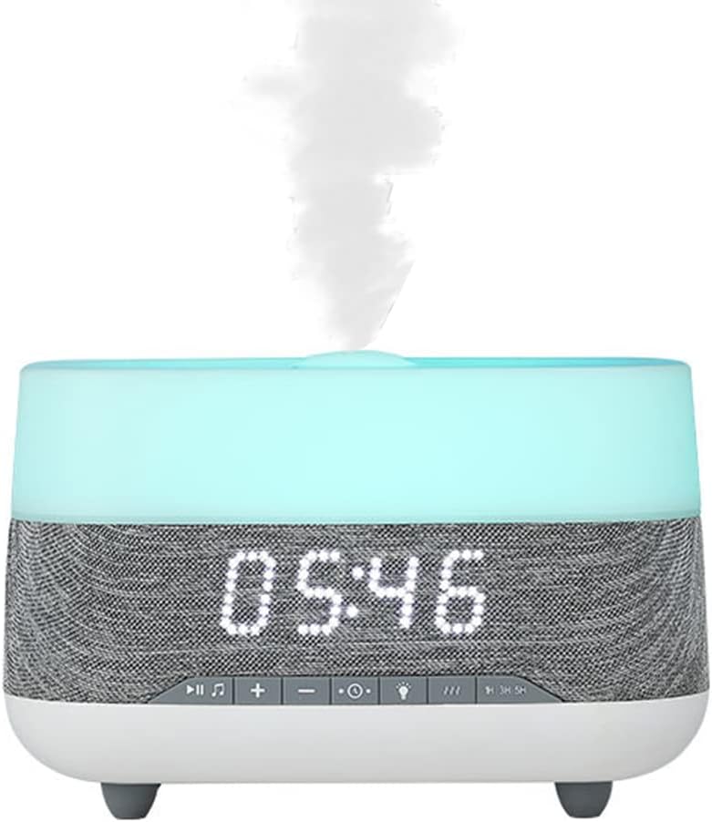 Difusor de aceite esencial y humidificador con reloj de altavoz, luces nocturnas de humor de 7 colores, aromaterapia eléctrica de niebla fría para
