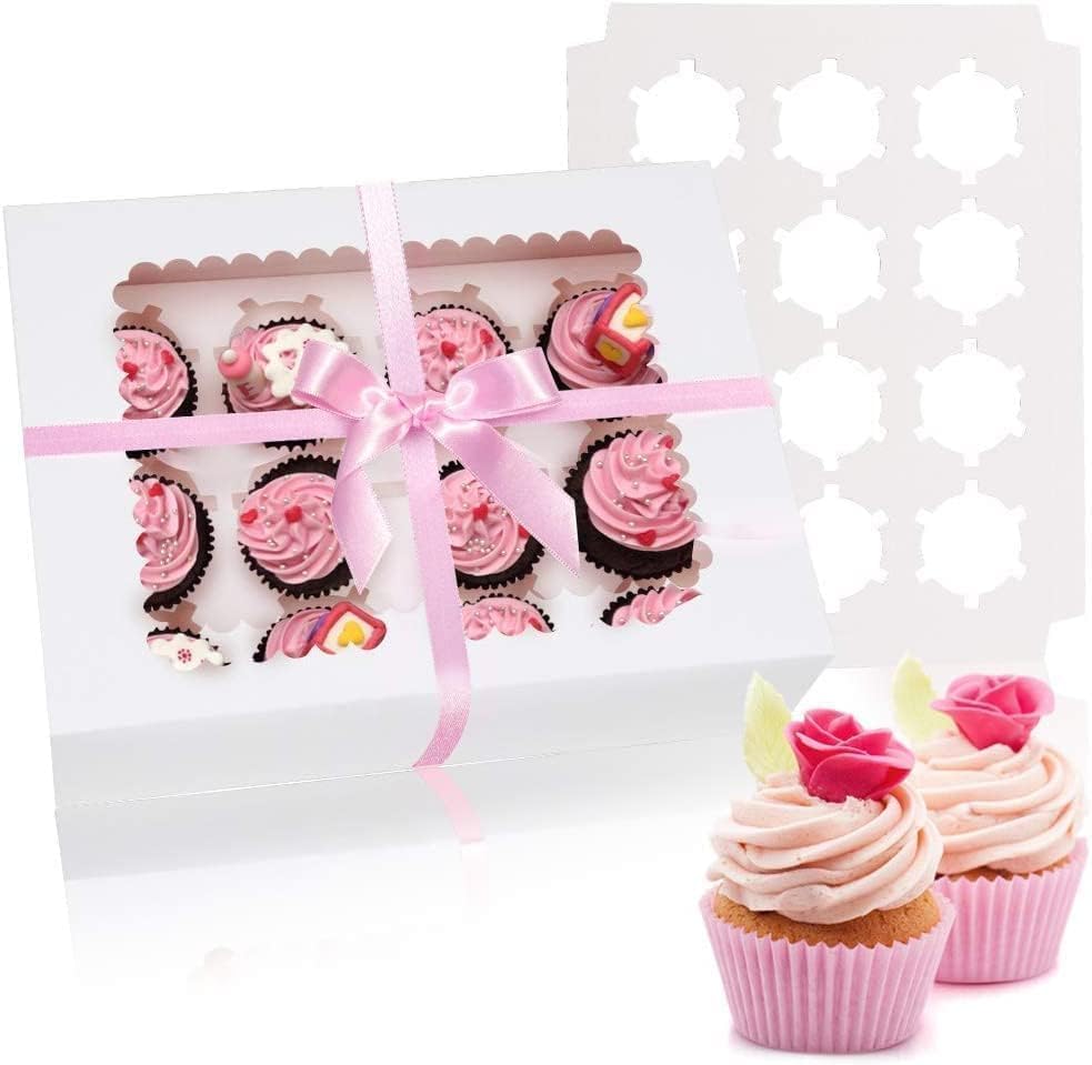 Rarapop Juego de 10 cajas para cupcakes, capacidad para 12 cupcakes estándar, no plegable de grado alimenticio, cajas de pastelería con ventanas e