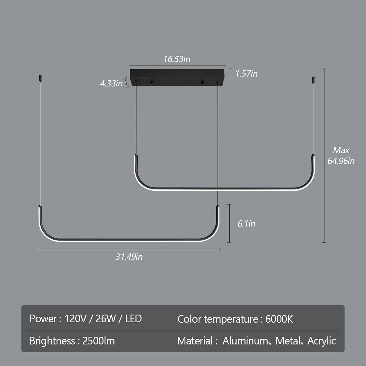 Candelabro lineal moderno regulable de 6000 K LED, lámparas colgantes de techo, candelabros negros para comedor, cocina, isla, sala de estar,