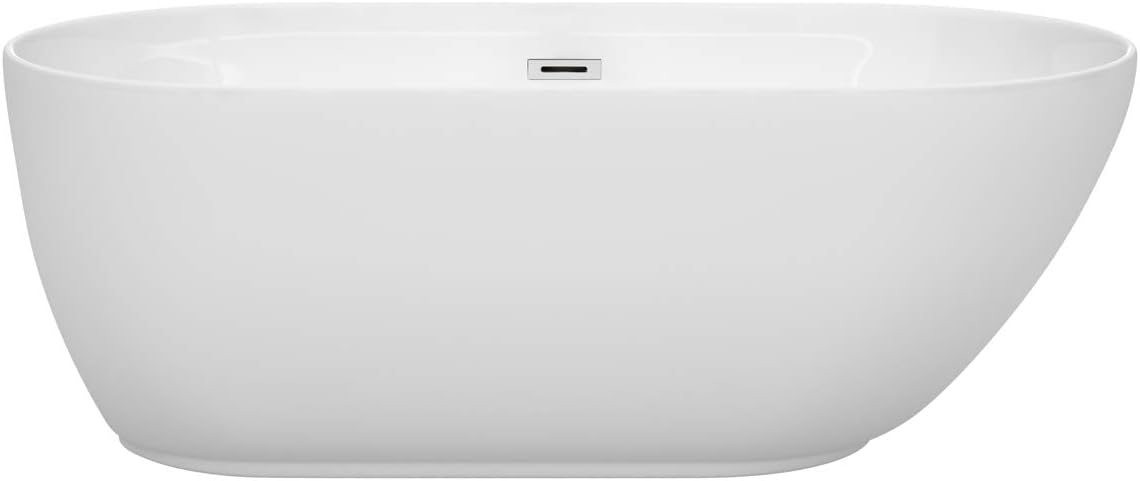 Melissa – Bañera independiente de 60 pulgadas, color blanco, con drenaje cromado pulido y ribete de desbordamiento