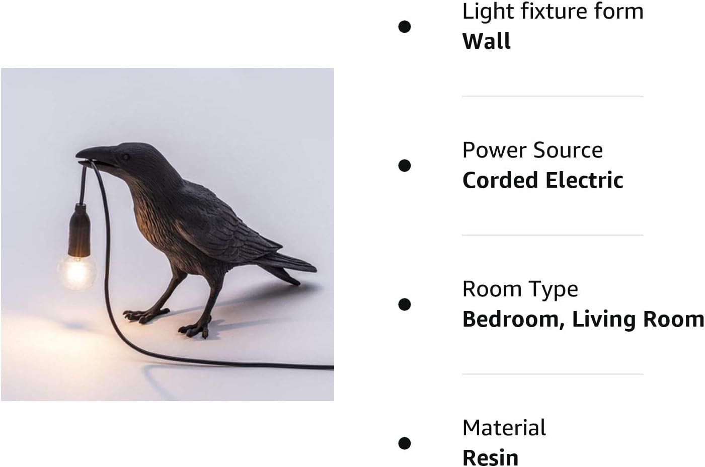 Luluckly Raven Light Birds Lámparas de mesa Dormitorio Resina Cuervo Lámpara de Escritorio Lámpara de Mesilla Luz de Pared Aplique Negro A