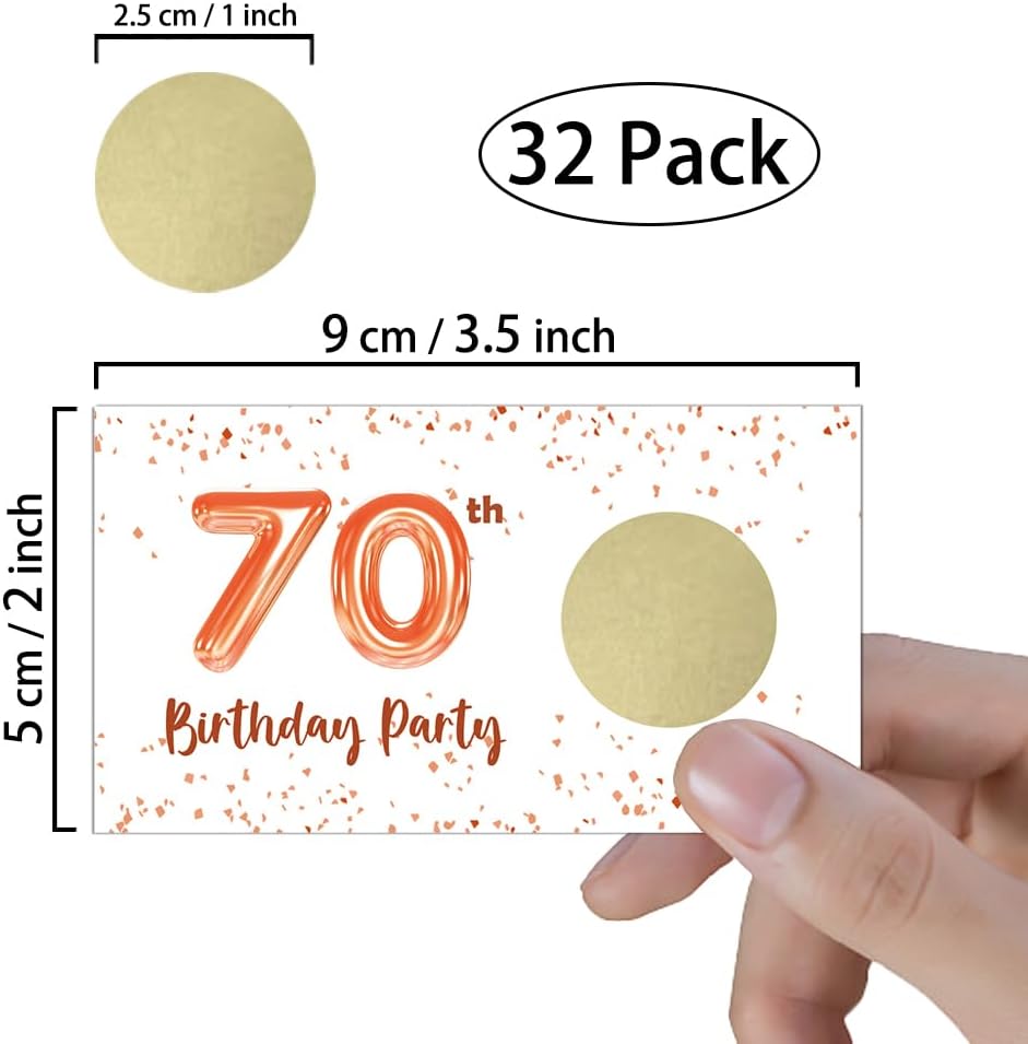 REWIDPARTY Tarjetas de juego para raspar para fiesta de 70 cumpleaños para adultos (32 unidades) entradas rosadas para raspar cumpleaños de 70