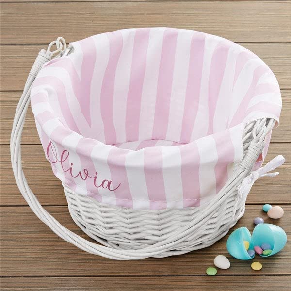 Personalization Universe Cesta de Pascua personalizada con diseño de rayas delicadas, cesta de bebé con diseño azul o rosa, cesta de mimbre blanco