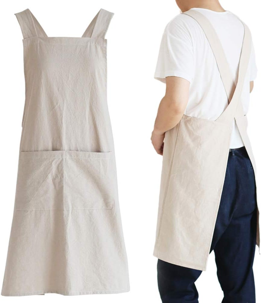 NEWGEM Delantales de cocina de lino japonés con espalda cruzada para hombres con bolsillos para hornear, pintura, jardinería, limpieza, color caqui