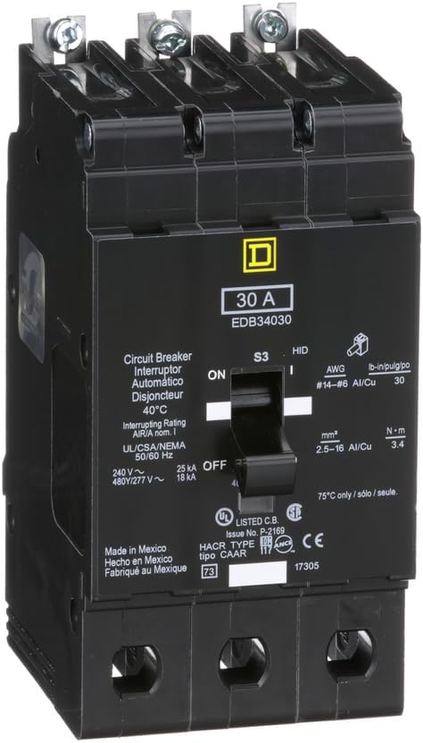 SCHNEIDER ELECTRIC EDB34030 Disyuntor miniatura 480Y277-Volt 30-Amp Caja eléctrica, negro