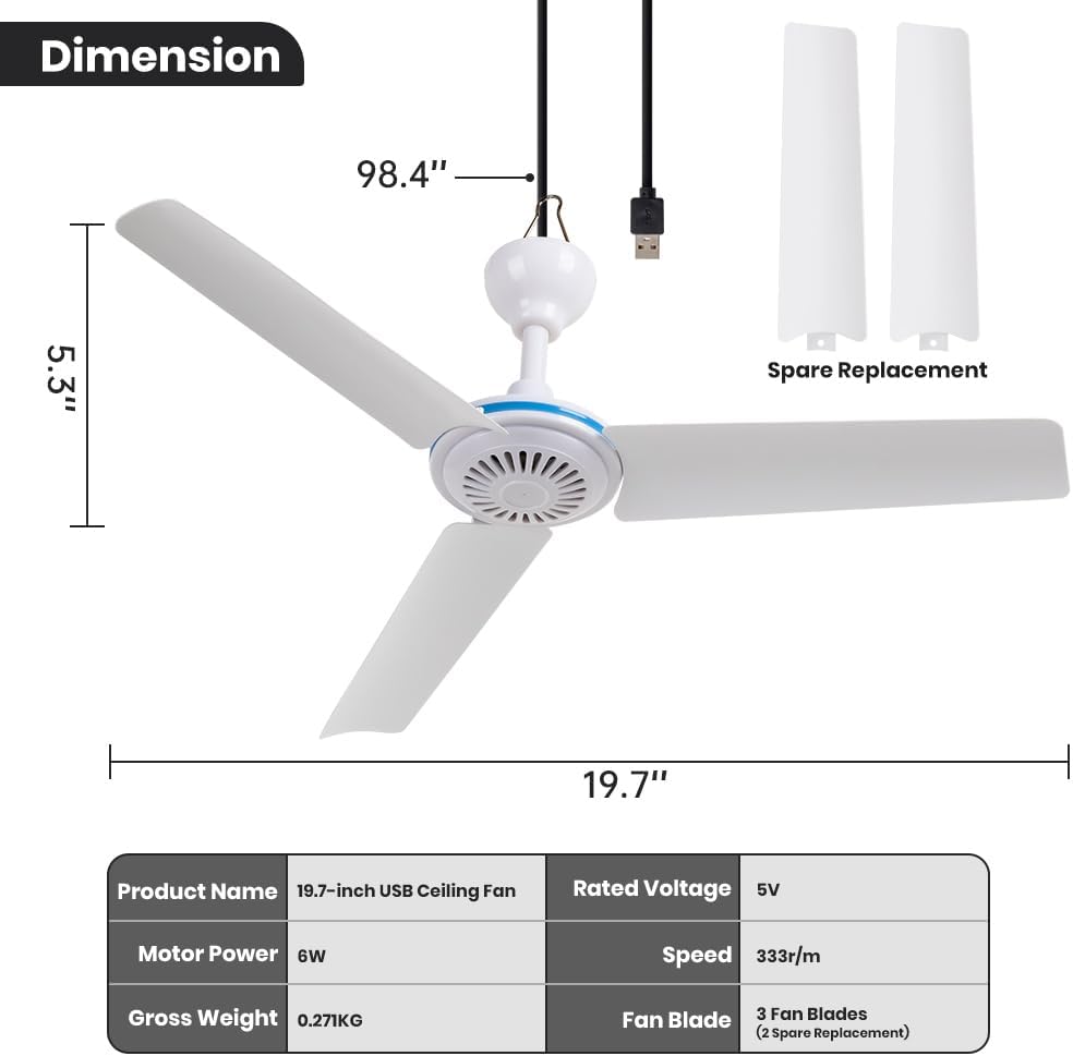 NPKRRSK Ventilador de techo pequeño USB de 19.7 pulgadas, ventiladores colgantes portátiles para banco de energía, interior y exterior, RV, cama,