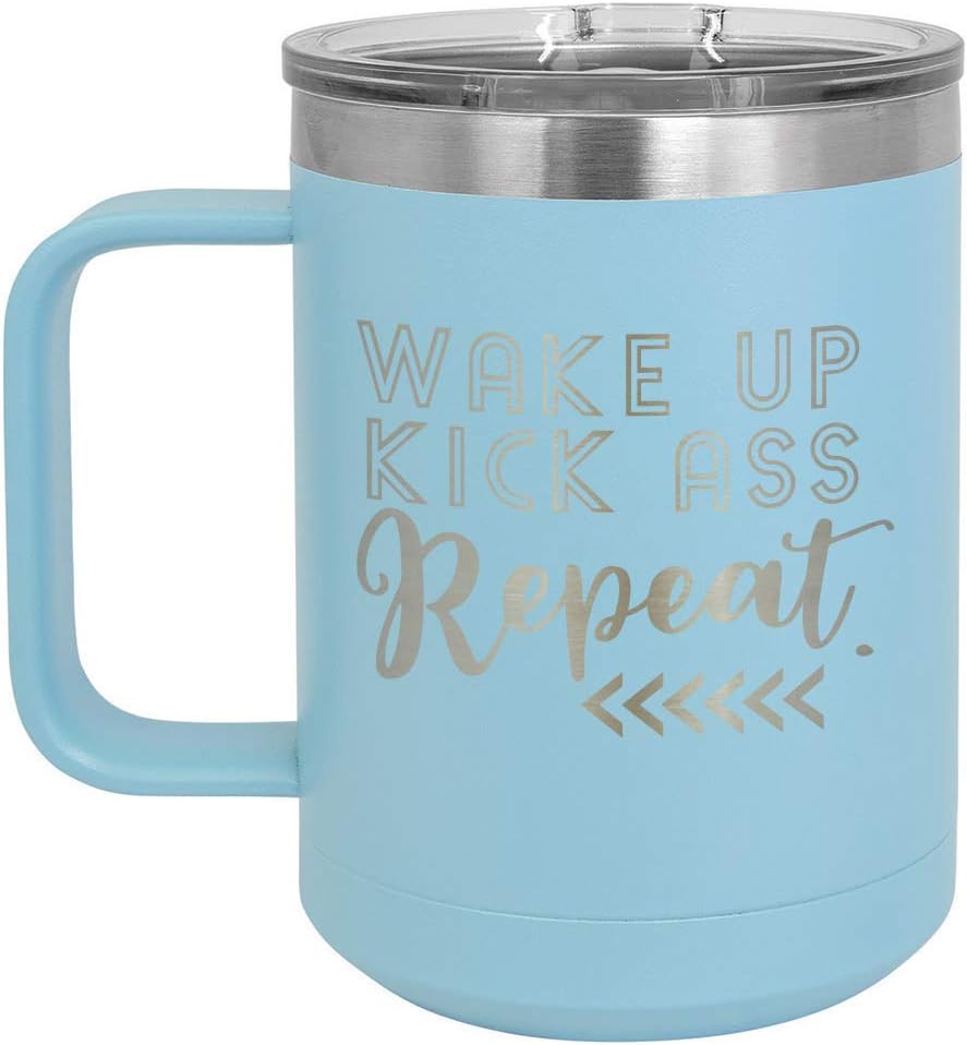 ONLYGIFTS.COM – Taza de café con tapa deslizante (13.0fl oz), diseño con texto en inglés “WAKE UP KICK ASS REPEAT”, Azul claro
