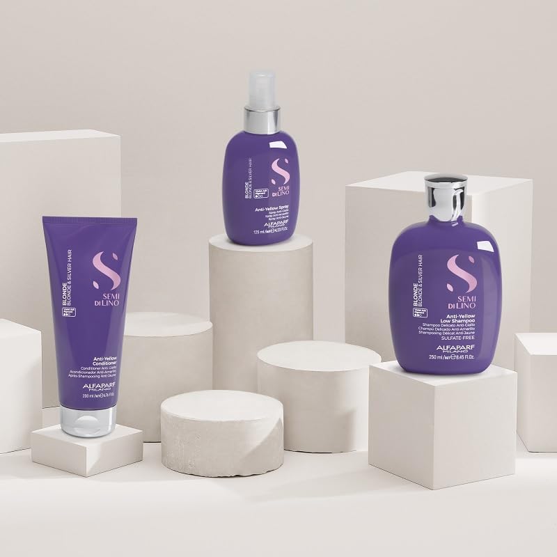 Alfaparf Milano Semi di Lino – Juego de regalo anti-amarillo para cabello rubio, platino y plateado, champú, acondicionador y aerosol sin sulfato,
