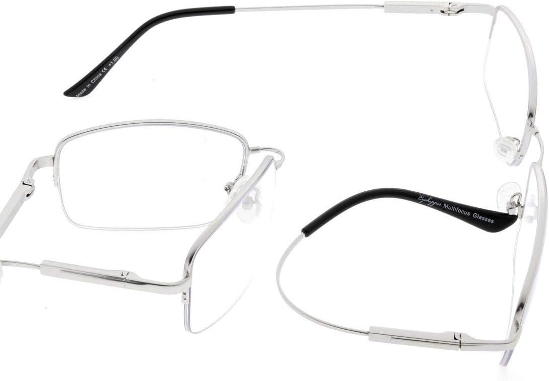 Eyekepper Gafas de lectura progresivas de media llanta con lentes multienfoque anti UV para hombre, marco de memoria flexible, color plateado