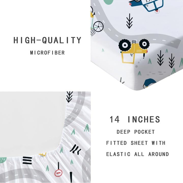 Twin Kids Fitted Sheets Road Traffic Themed Sheet and Pillowcases Set Cute Cartoon Truck Bed Boys Twin Sheet Set 2 Piece Bedding Decor Set