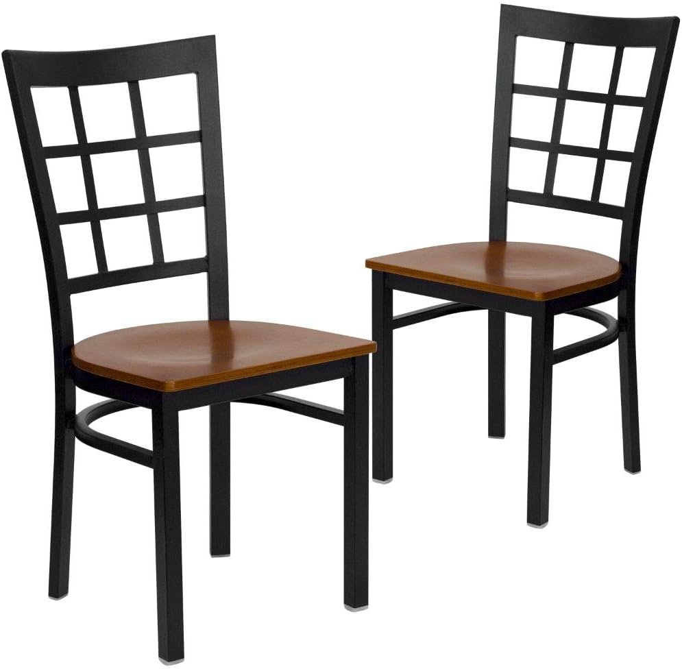 Flash Furniture HERCULES Series Silla de restaurante de metal con respaldo de ventana negra – Asiento de madera de cerezo