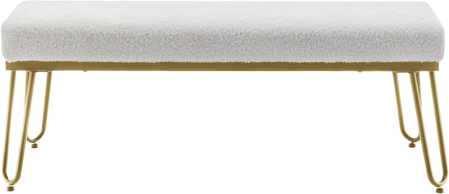 Alunaune Banco de cama de piel de peluche blanco para dormitorio, banco otomano, banco de entrada moderno tapizado, taburete decorativo esponjoso