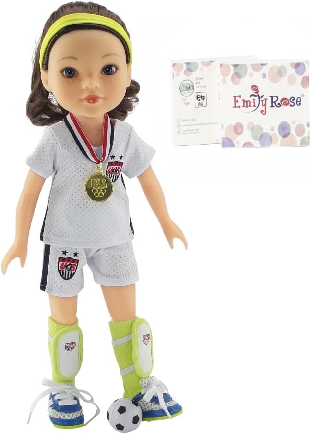 Emily Rose Ropa de muñeca de 14 pulgadas  Uniforme deportivo de fútbol de muñeca de 14 pulgadas de EE. UU., incluye zapatos y accesorios, caja de
