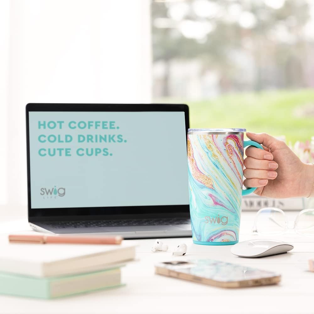 Swig Life Taza de viaje de 22 onzas, vaso aislado con asa y tapa, apto para vasos, apto para lavavajillas, acero inoxidable, taza de café de viaje,