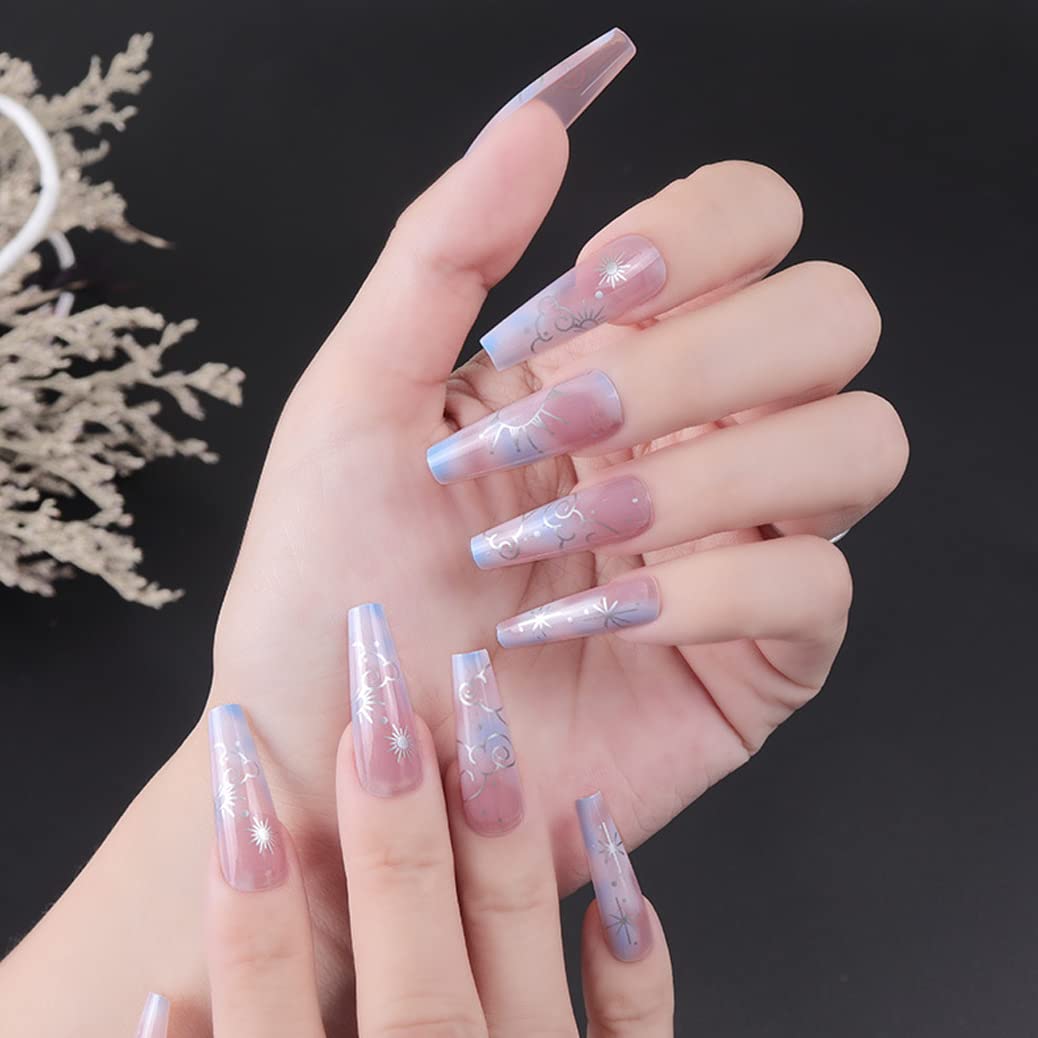 Uñas postizas francesas blancas con diseño de flores nude, uñas postizas de gel UV a presión para niña, cobertura completa, 24 piezas de puntas de