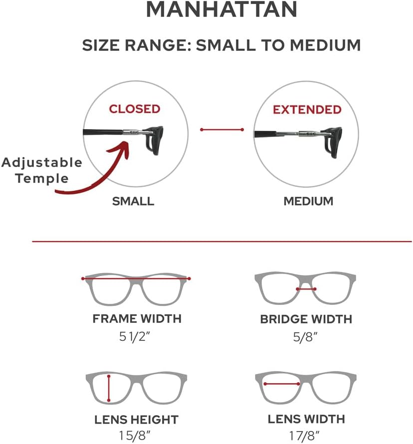 Clic Lentes de lectura magnéticos, lectores de computadora, lentes reemplazables, patillas ajustables, Manhattan, (S-M, negro, aumento de 1.25)