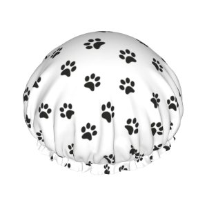 Gorro de ducha reutilizable con estampado de patas de perro para mujer, pelo largo, doble capa impermeable, gorro de ducha para niños, niñas y Gorro de ducha reutilizable con estampado de patas de perro para mujer, pelo largo, doble capa impermeable, gorro de ducha para niños, niñas y