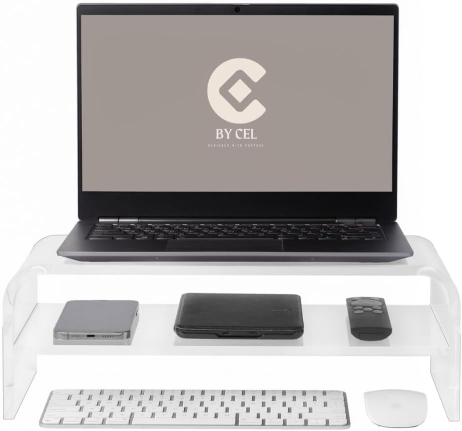 BY CEL Soporte de monitor acrílico prémium para escritorio, soporte transparente de 2 niveles para computadora portátil de 16 pulgadas, soporte
