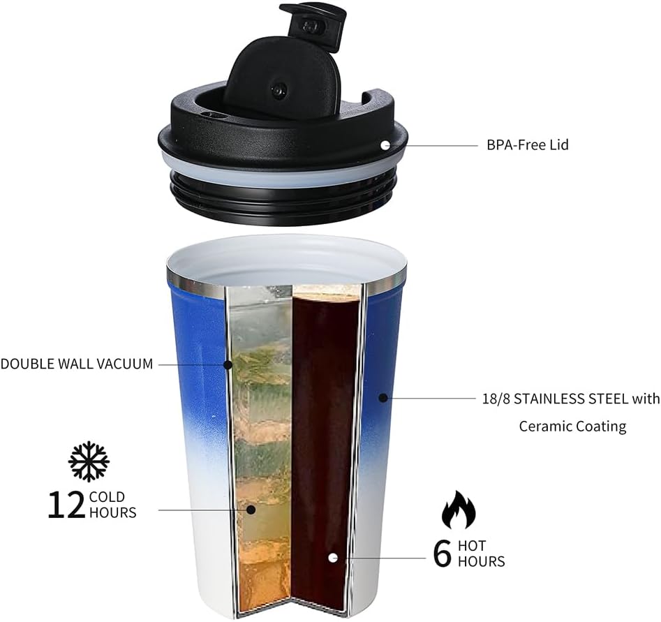 Taza de viaje de café con revestimiento de cerámica, 14 onzas, vaso aislado al vacío para automóvil con tapa a prueba de fugas, color azul degradado