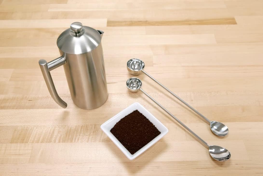 Frieling Cafetera de prensa francesa de acero inoxidable de doble pared, cepillada, 44 onzas más cucharaagitador de café de acero inoxidable 1810, 2