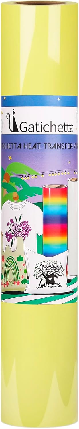 Gatichetta Rollo de vinilo de transferencia de calor, vinilo de poliuretano amarillo pálido de 12 pulgadas x 6 pies, brillante sólido HTV fácil de