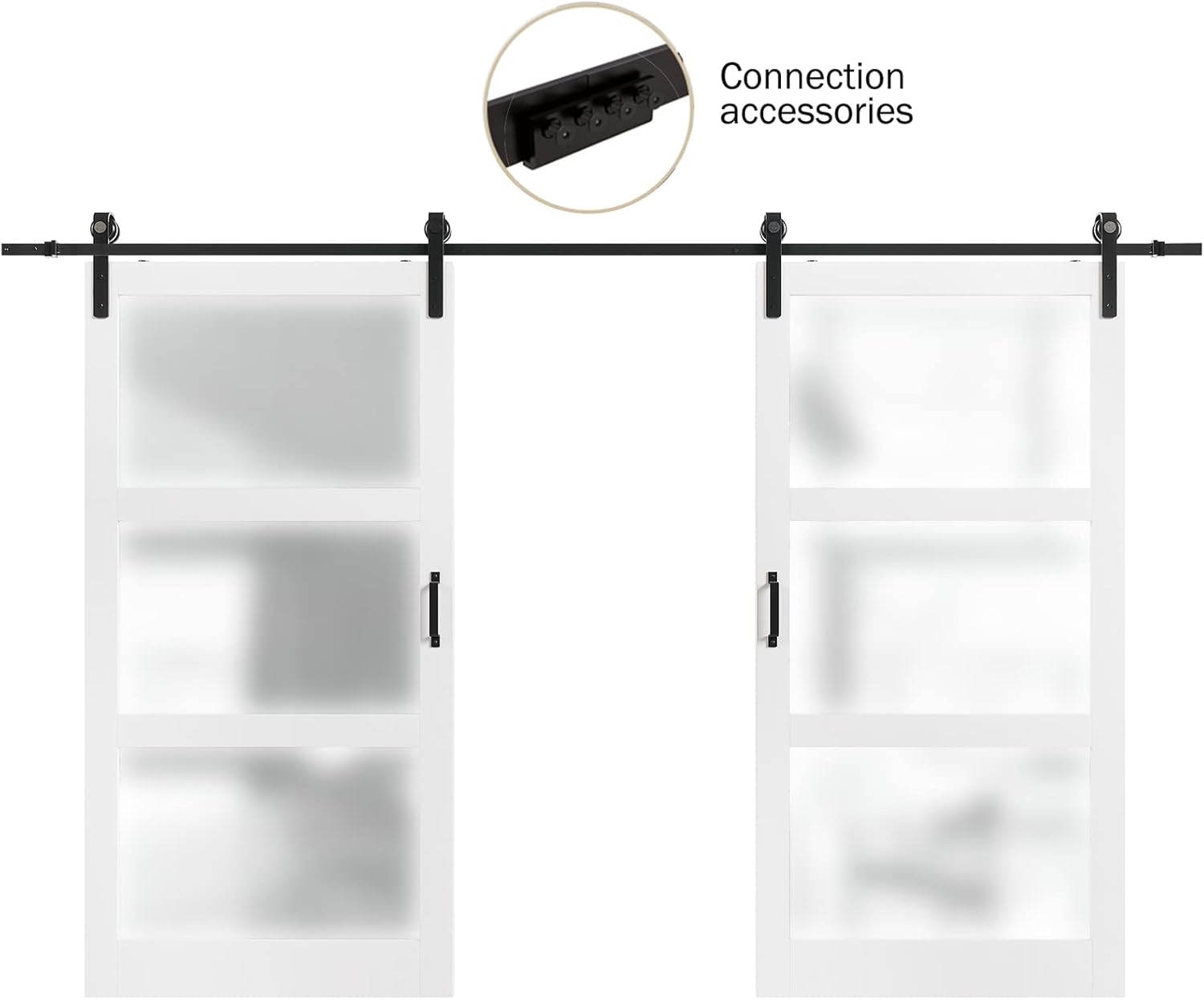 Puerta corredera de granero doble, 84 pulgadas (doble 42 x 84 pulgadas, puerta de granero de vidrio esmerilado, superficie de PVC impermeable, kit