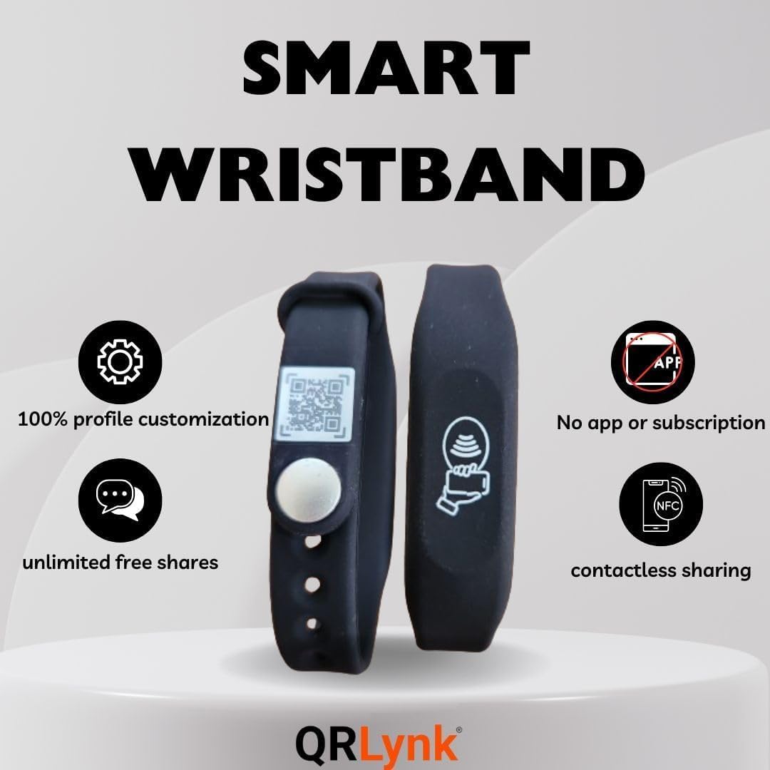 Tap NFC Bracelet, QR Code Smart Wristband Fully Custom Profile scannable, Adjustable, Unisex Band- Mix Colors Black, Red, Orange, Yellow, Green,