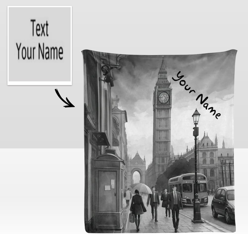 CUXWEOT Manta personalizada con texto del nombre, manta personalizada de forro polar súper suave del Big Ben de Inglaterra, Londres, para sofá, cama