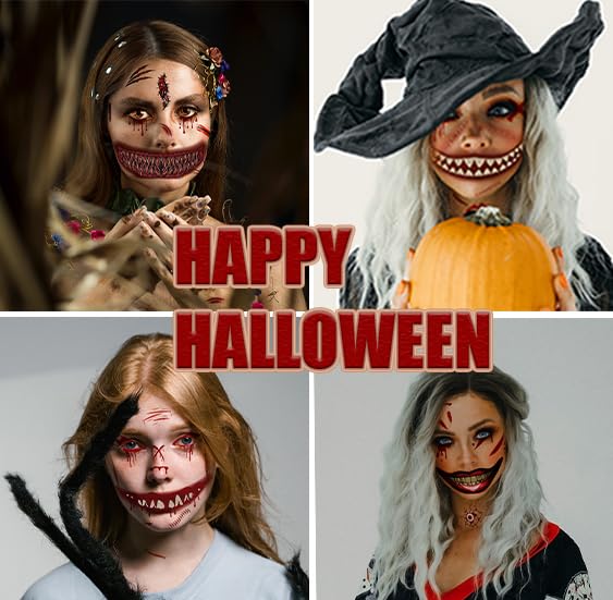 Maquillaje de broma de Halloween 2023, tatuaje temporal para adultos y niños, 6 unidades, calcomanías de tatuaje falsas de boca de payaso,