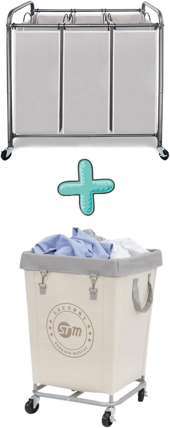 STORAGE MANIAC 3 Section Laundry Sorter Plus Commercial Laundry Hamper, Laundry Hamper Cart with Heavy Duty Wheels and Removable Bags, Laundry